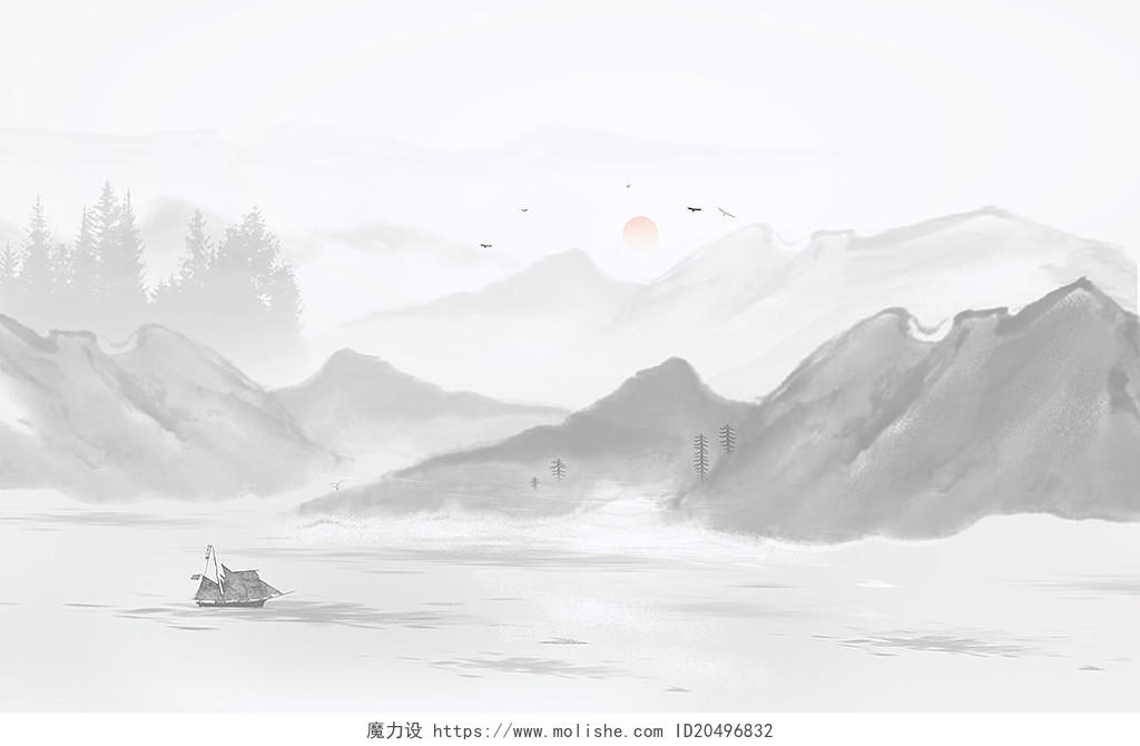 中国风水墨画山水桂林山水背景插画海报水墨山水背景